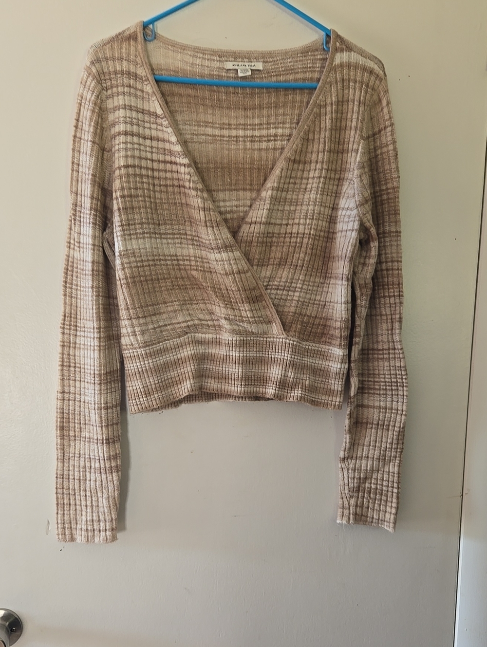 American Eagle Beige Taupe Ribbed Wrap V-Neck Sweater